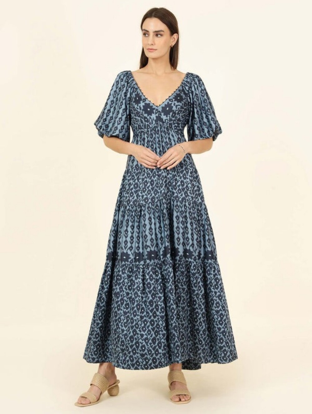 Omika Ila Maxi - Davina Marlin Blue Printed V-Neck Maxi Dress